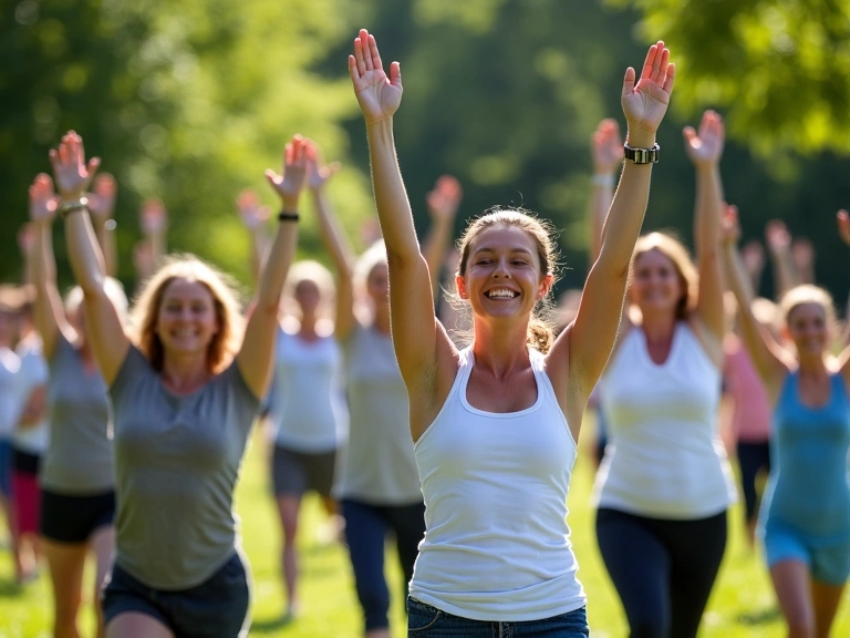 A diverse group of people enjoying an outdoor yoga session in a sunny park, emphasizing community and wellness.
