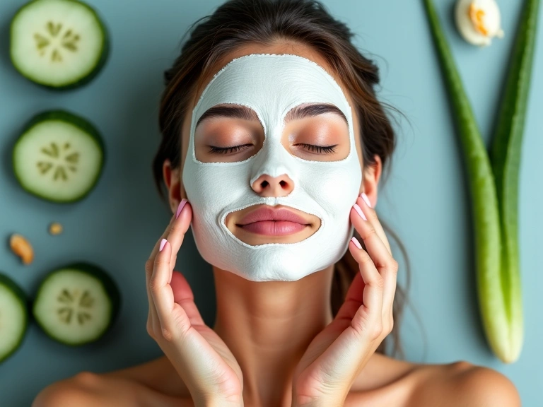 A serene woman applying a natural face mask, surrounded by botanical ingredients like aloe vera and cucumber.