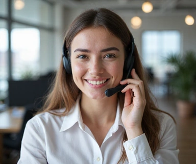 Customer service representative talking on the phone with a headset