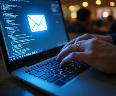 Person typing on a laptop with an email icon on screen