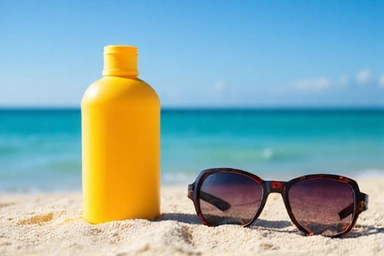 Sunscreen bottle and sunglasses on a beach