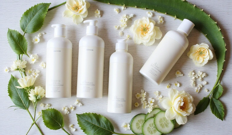 Assortment of natural cleansers and toners with botanical ingredients