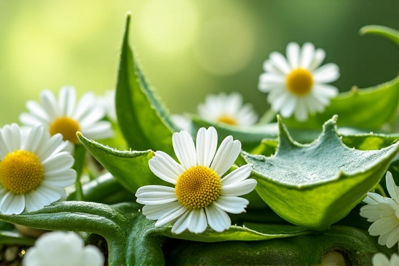 Close-up of botanical ingredients like chamomile and green tea leaves