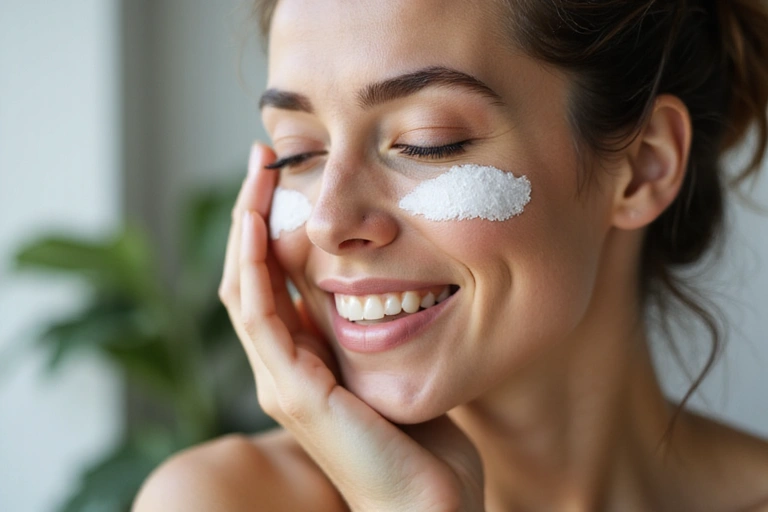 A woman applying natural moisturizer to her face, radiating health and glow.