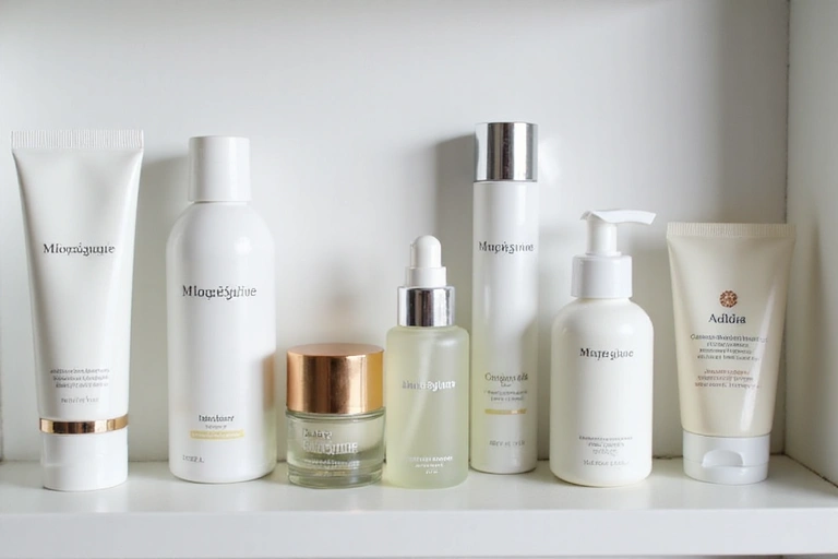 Skincare routine products on a bathroom shelf