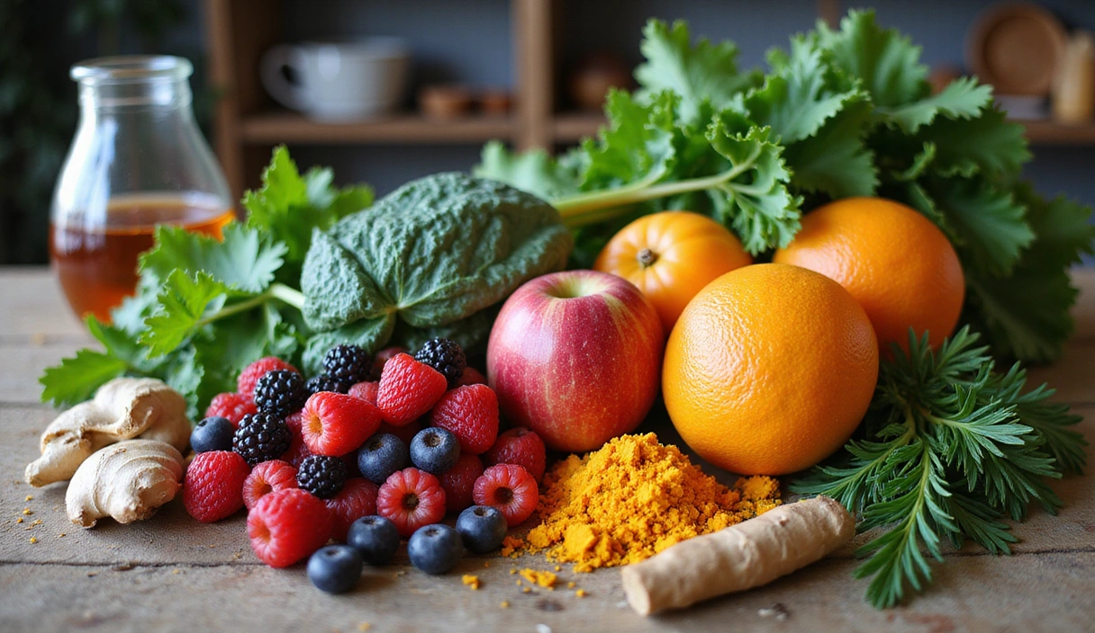 A vibrant array of natural ingredients like fruits, vegetables, herbs, and roots, symbolizing general wellness and healthy living.