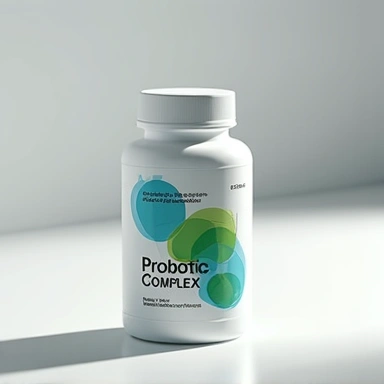 Probiotic Complex bottle with abstract gut health graphics