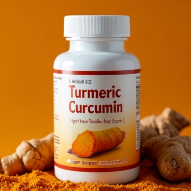 Turmeric Curcumin bottle with golden spice background
